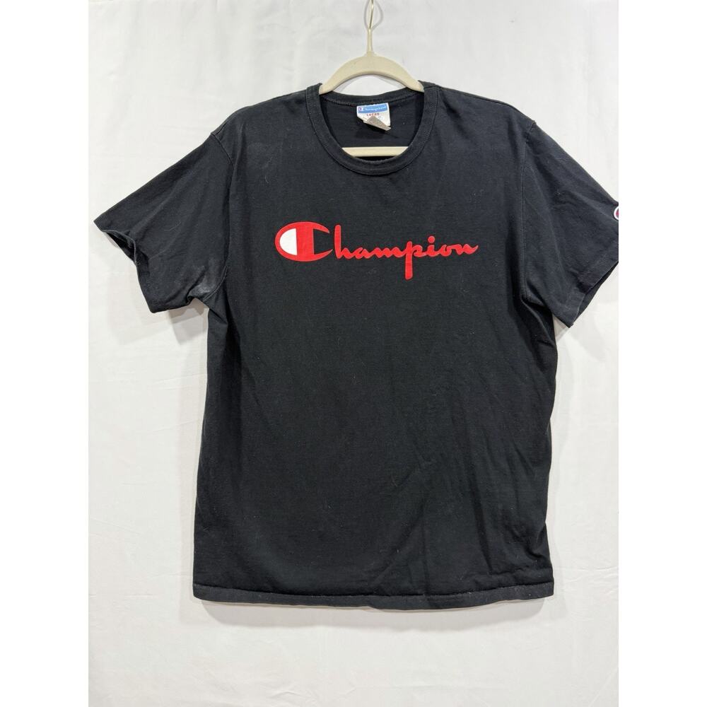 VTG Champion T Shirt L Black Script Logo Y2K Men's Short Sleeve Athletic Tee
